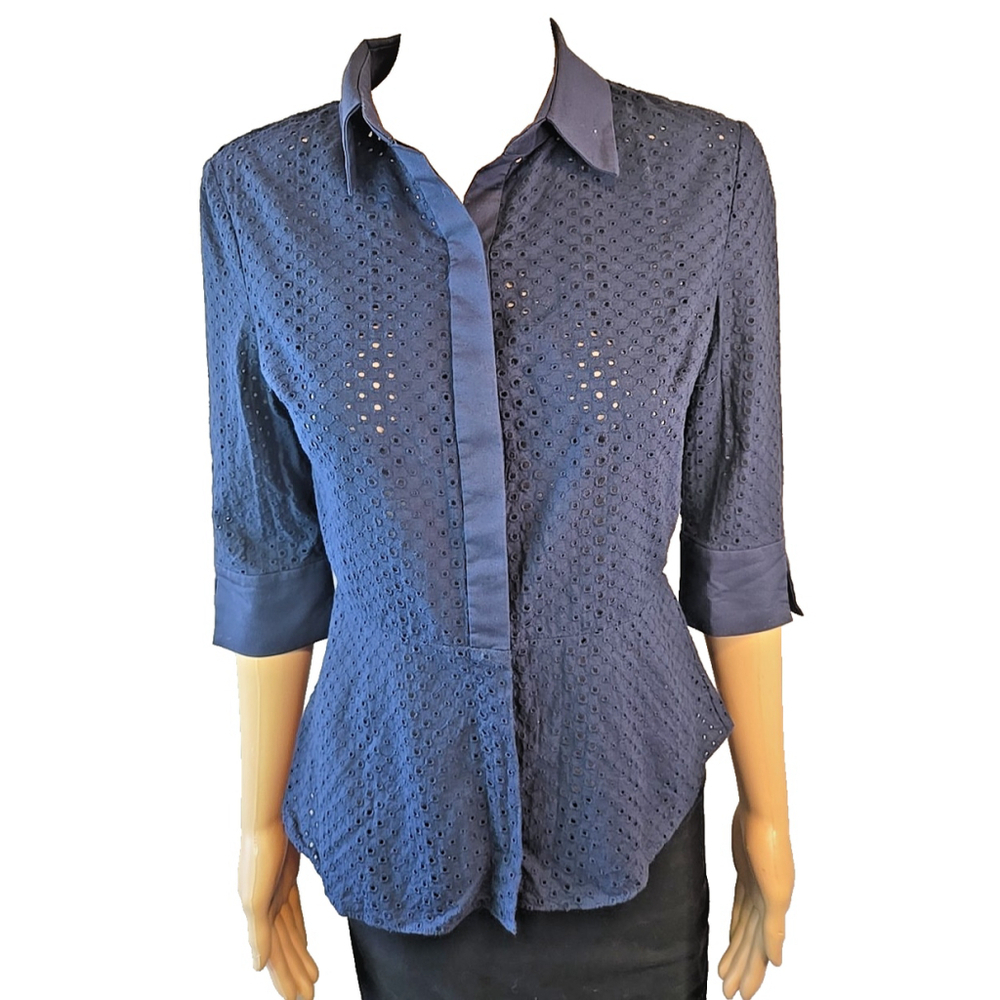 Elie Tahari Women's Navy Eylet Cotton Button Down 3/4 Sleeve Blouse Size Small